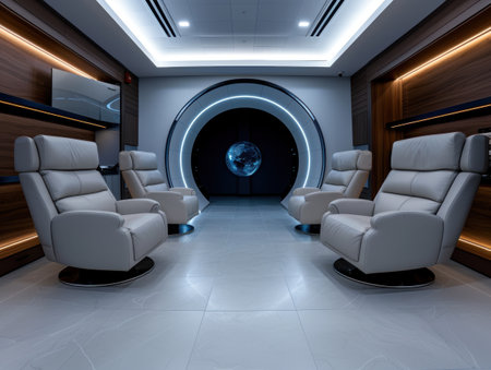 Futuristic lounge with reclining chairs and illuminated globeの素材