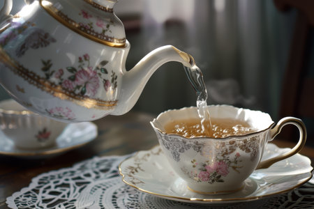 Elegant tea time with floral porcelain teapot and cupの素材
