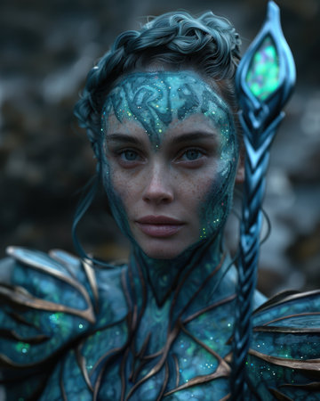 Mystical fantasy creature with intricate blue and green makeup and costumeの素材