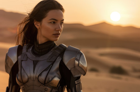 futuristic warrior woman in desert landscapeの素材