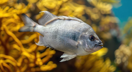 close-up of a gray fish swimming in a colorful underwater sceneの素材
