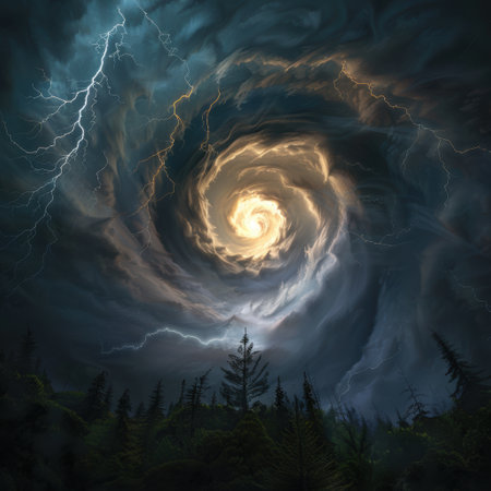 Dramatic swirling storm clouds with lightningの素材