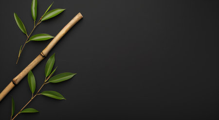Bamboo sticks and leaves on black backgroundの素材