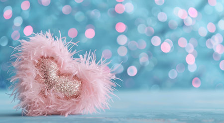 Glittering pink feathered heart on a teal backgroundの素材