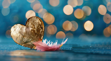 golden heart and feather on blue bokeh backgroundの素材