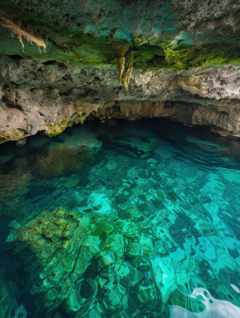 Stunning underground cave with crystal clear turquoise watersの素材