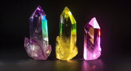 Colorful crystal quartz gemstones on black backgroundの素材