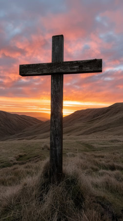 Wooden cross silhouette against dramatic sunset skyの素材