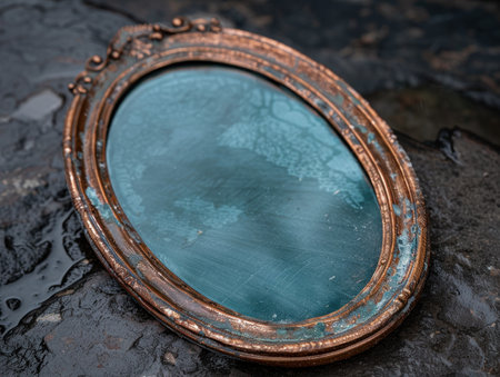 Antique mirror with tarnished copper frame on dark backgroundの素材