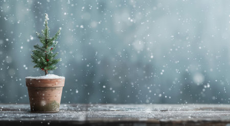 Miniature christmas tree in snowy winter sceneの素材