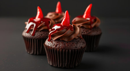Decadent chocolate cupcakes with red frostingの素材