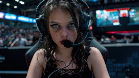 Serious gamer girl with headset in esports arenaの素材