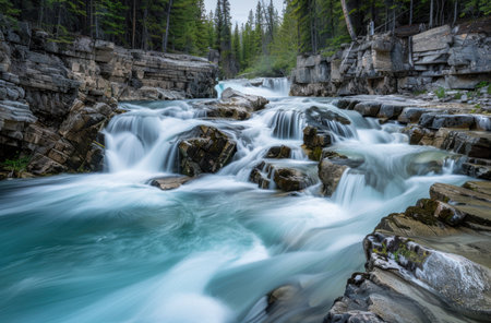 Cascading waterfall in lush forest landscapeの素材