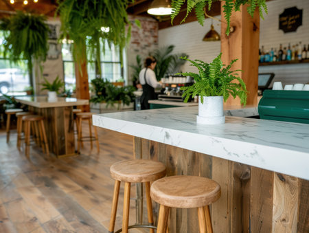 cozy cafe interior with wooden furniture and greeneryの素材