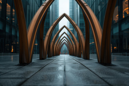 Architectural archway leading to a futuristic cityの素材