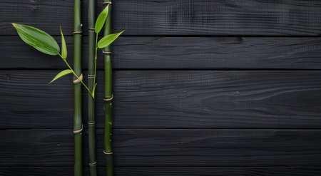 green bamboo stalks on dark wooden backgroundの素材