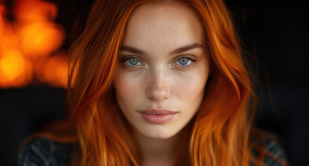 Captivating portrait of a young woman with vibrant red hairの素材