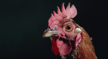 Close-up portrait of a vibrant rooster against a dark backgroundの素材