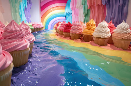 Colorful cupcakes on a rainbow backgroundの素材