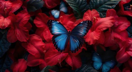 Vibrant blue butterfly resting on red hibiscus flowersの素材