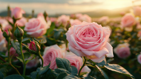 beautiful pink roses in field at sunsetの素材