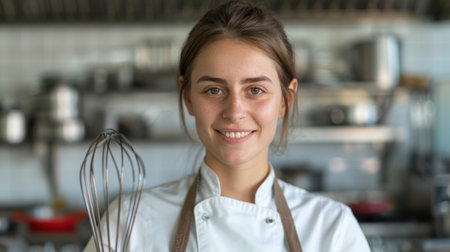 Smiling chef in kitchen holding whiskの素材