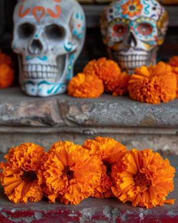 vibrant marigold flowers and day of the dead skullsの素材