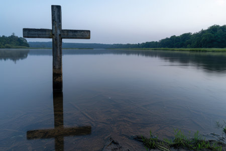 Serene lake with wooden crossの素材