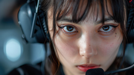 close-up portrait of a serious young woman with headphonesの素材