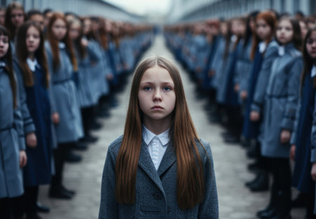 young girl in a crowd of peopleの素材