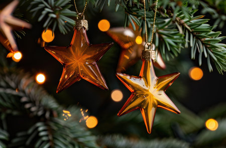 Festive Christmas ornaments hanging on treeの素材