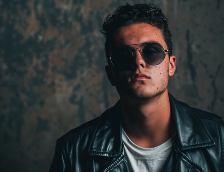 Mysterious man in sunglasses and leather jacketの素材