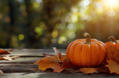 Autumn pumpkin on wooden table with fall leavesの素材