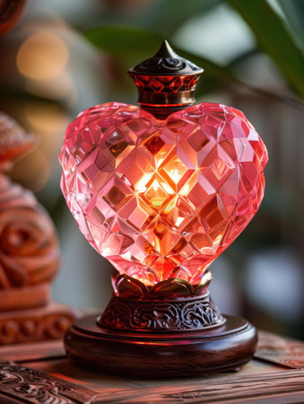 Ornate glass perfume bottle with intricate faceted designの素材