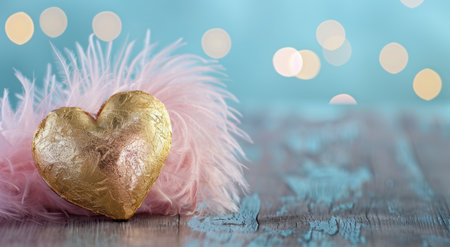 golden heart with feathers on wooden surfaceの素材