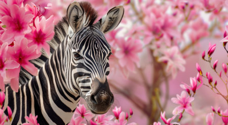 Zebra in a field of pink flowersの素材