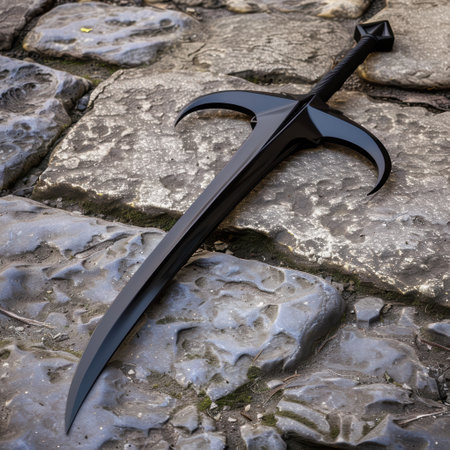 Tactical black combat knife on rocky surfaceの素材