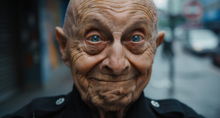 Closeup portrait of an elderly man with wrinkled face and piercing blue eyesの素材