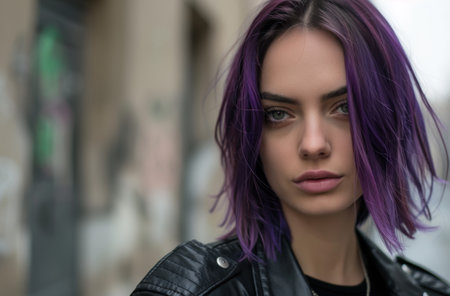 Thoughtful young woman with vibrant purple hairの素材