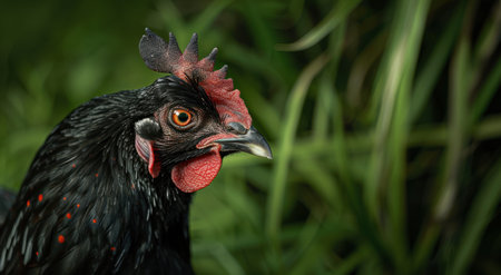 Close-up portrait of a black rooster with vibrant red combの素材