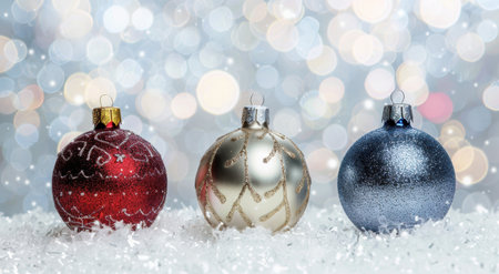 Festive christmas ornaments on snowy backgroundの素材