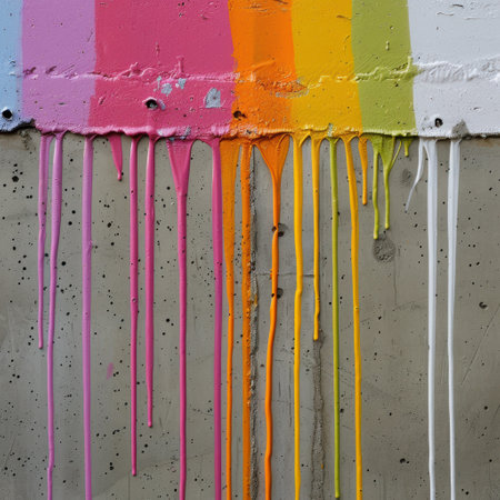Colorful paint drips on concrete wallの素材