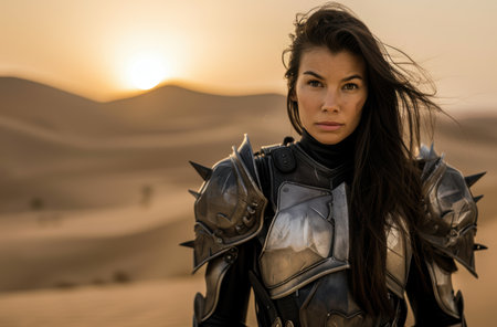 warrior woman in futuristic armor standing in desert at sunsetの素材