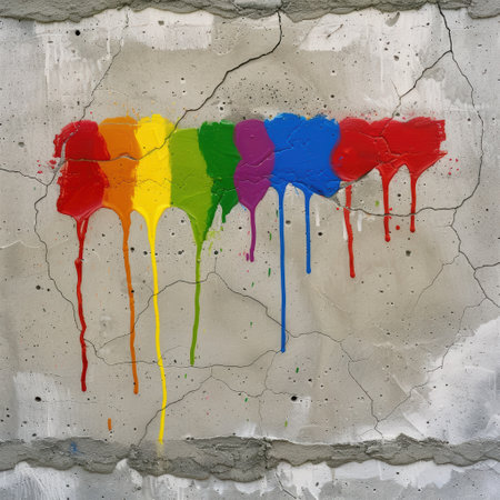 Colorful paint dripping on concrete wallの素材