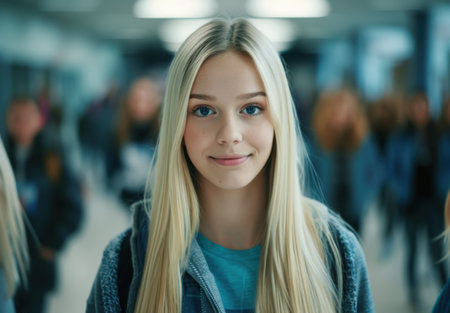 Smiling young woman with long blonde hairの素材