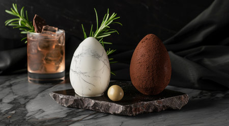 Elegant still life with marble egg, chocolate egg, and cocktailの素材