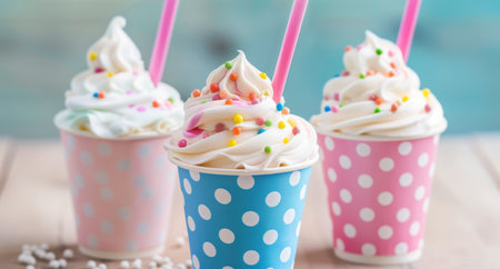Colorful and festive ice cream sundaes with whipped cream and sprinklesの素材
