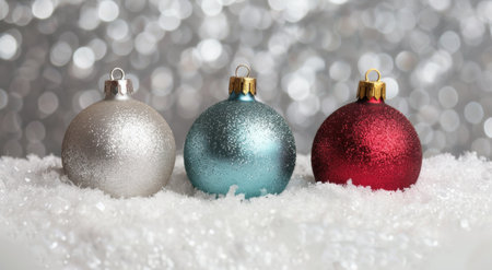 Festive christmas ornaments in snowの素材