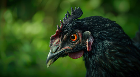 close-up portrait of a striking black roosterの素材