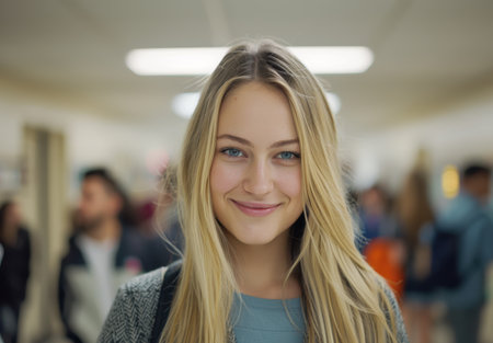 Smiling young woman with long blonde hairの素材